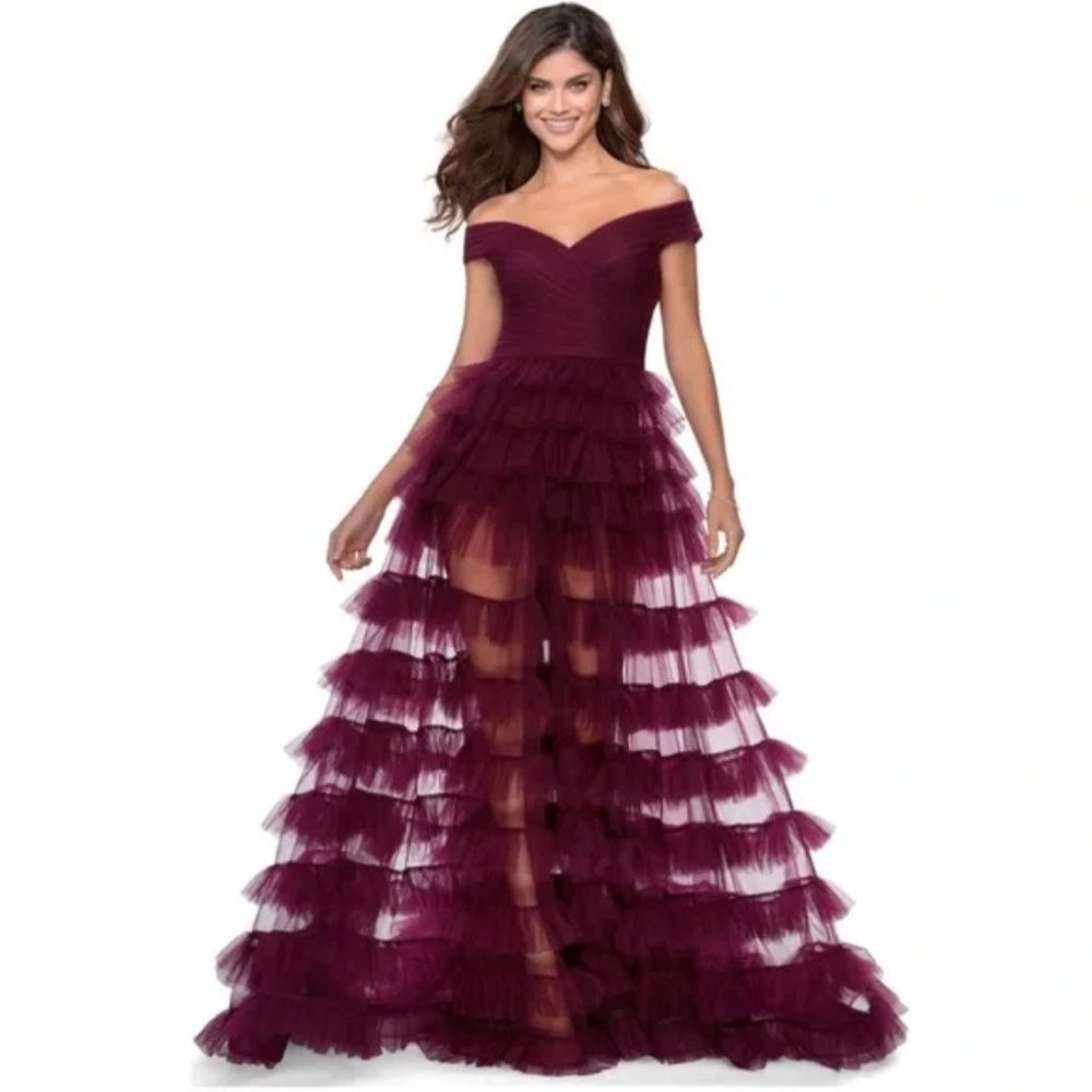 LA FEMME Off the Shoulder Sheer Tulle Ballgown in Berry Dark Size US 6